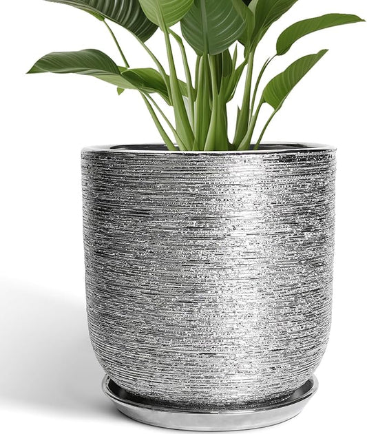 12 Inch Plant Pot - Ceramic Planter for Indoor Outdoor Plants, Modern Round Decorative Flower Pot with Drainage Hole and Saucer, Housewarming Gifts, Home Patio Decor, Silver