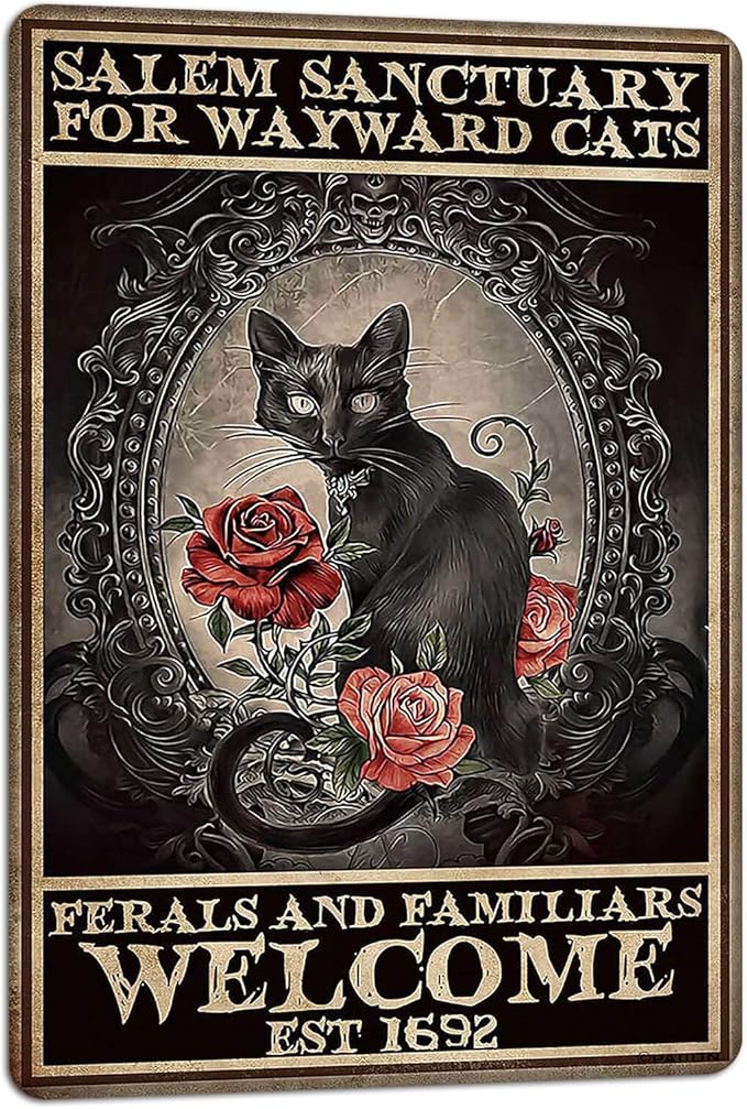 PAIION Salem Sanctuary For Wayward Cats Halloween Black Cat Halloween Decor Cat Lover Metal Signs Vintage Poster Home Bedroom Wall Art Gift 8x12 Inches