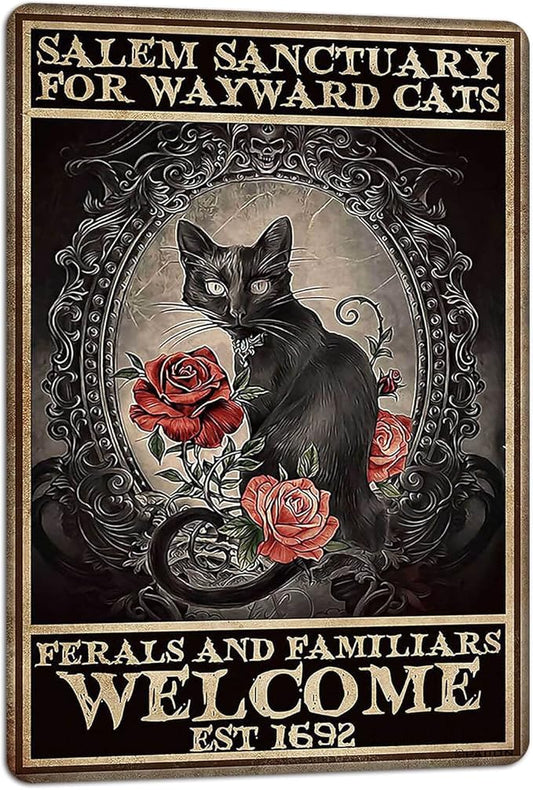 PAIION Salem Sanctuary For Wayward Cats Halloween Black Cat Halloween Decor Cat Lover Metal Signs Vintage Poster Home Bedroom Wall Art Gift 8x12 Inches