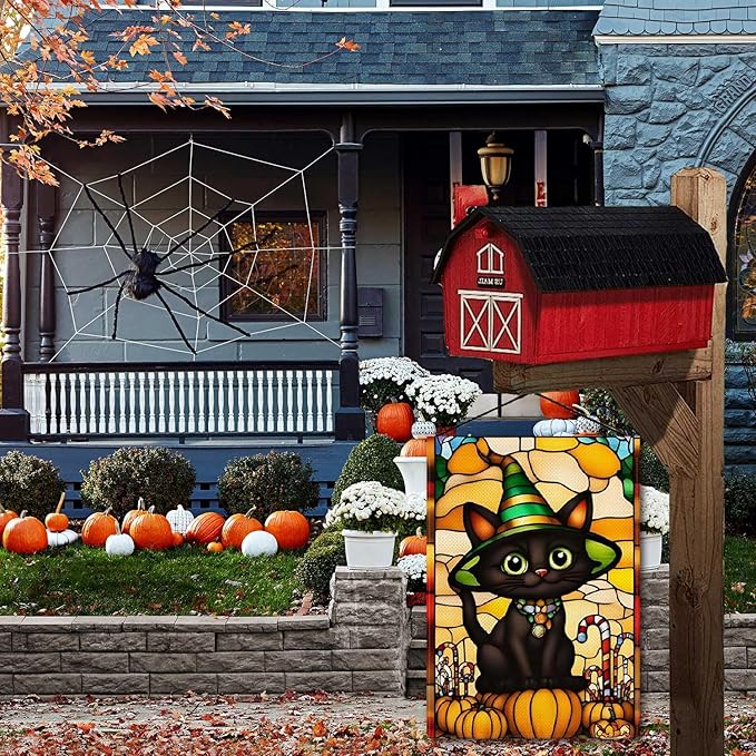 Wizard Cat Garden Flag Halloween Cute Black Cat Stained Glass Style Small Flag for Outside Pumpkin Burlap Double Sided Welcome Yard Lawn Decor 12.5x18"