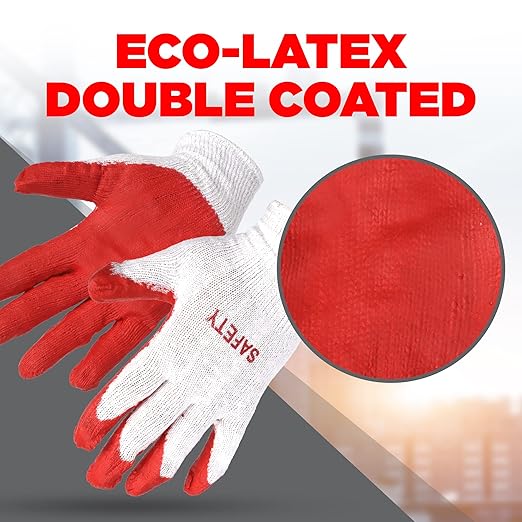 SAFETY Non-Slip 10 Pairs Red Latex Cotton Multi-Purpose Work Gloves- Nitrile Dipped & Rubber Palm Coated for a Firm Grip- Heavy Duty Premium-Construction-Moving-Warehouse-Garden-Gloves