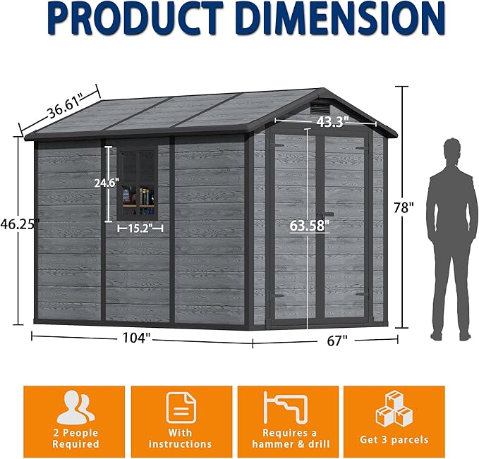 8.7x5.5 FT Resin Outdoor Storage Shed with Floor, Weather-Resistant Plastic Garden Shed with Windows, Lockable Door and Vents, Outside Tool Storage Sheds for Backyard, Garden, Patio, Lawn, Wood Grain