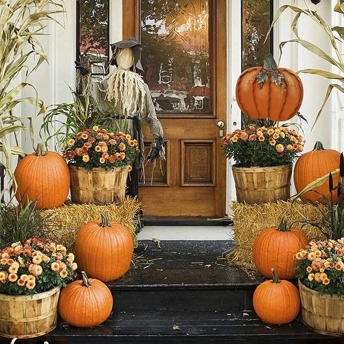 Morning View Pumpkin Garden Stakes Metal Yard Sign Fall Decor Outdoor Autumn Yard Stake Art Pumpkin Lawn Ornaments for Patio Porch Thanksgiving Halloween Harvest 17.5 Inches Tall Set of 2