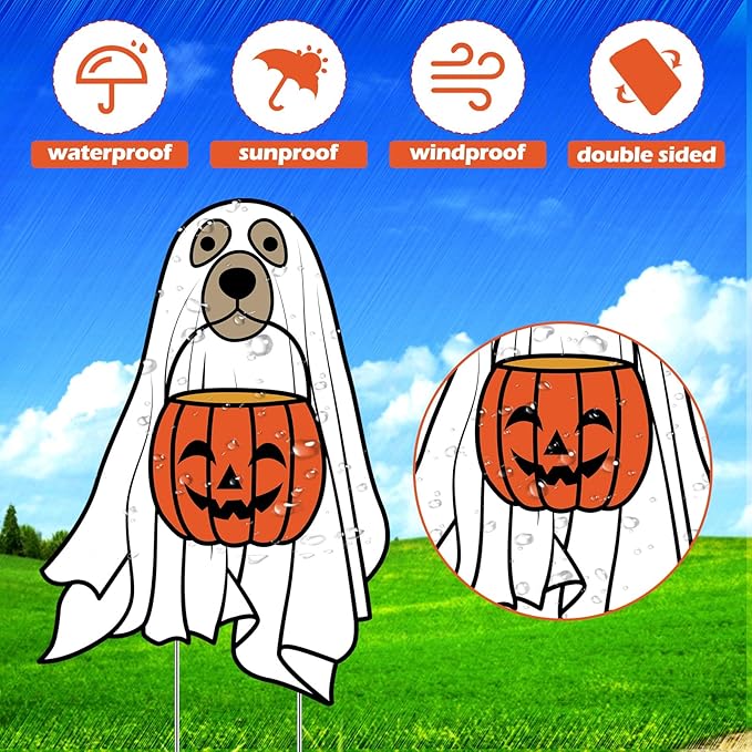 Nuanchu 7 Pcs Halloween Yard Outdoor Decorations Ghost Dog Yard Signs Corrugated Plastic Ghost Dog Pumpkin Lawn Sign with Stakes Waterproof Halloween Garden Stakes for Outside Scary Spooky Decor