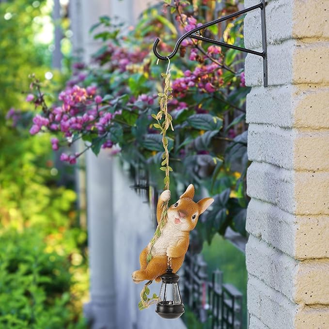 Joliyoou Solar Light Outdoor Statues, 6.9" H Resin Rabbit Climbing On A 23.6" L Vine with LED Lantern, Waterproof Hanging Bunny Figurine with Hook for Easter Yard Garden Wall Balcony Tree Decoration