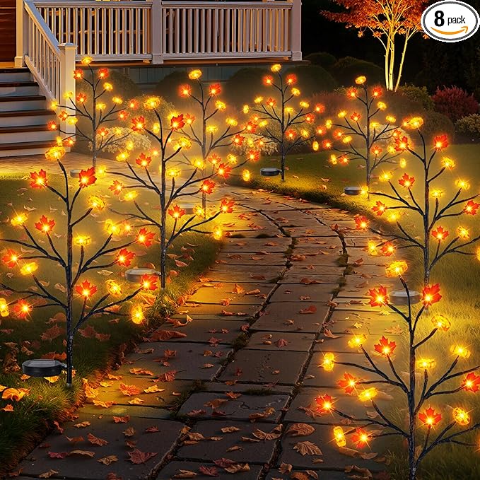 8 Pack Fall Solar Lights Outdoor, 160 LED Maple Pumpkin Stake Lights with 8 Mode, Waterproof Solar Pathway Lights for Garden Patio Yard Fall Outdoor Decor