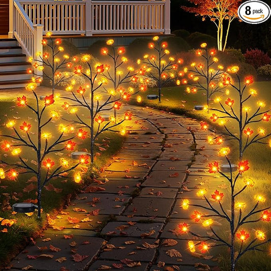 8 Pack Fall Solar Lights Outdoor, 160 LED Maple Pumpkin Stake Lights with 8 Mode, Waterproof Solar Pathway Lights for Garden Patio Yard Fall Outdoor Decor