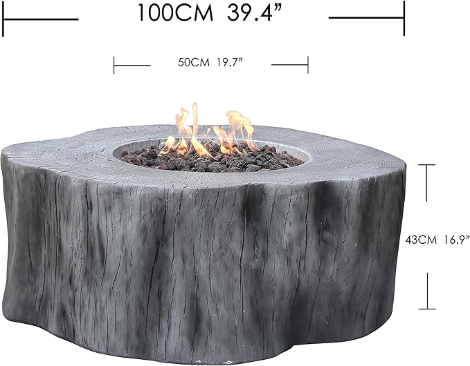 Elementi | Manchester Gas Fire Pit Cast Concrete Semi-Round Fire Table, Outdoor Fire Pit Electronic Ignition | Canvas Cover, Lava Rock Included | Classic Gray (Propane Gas)