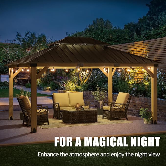 CHARMELEON 12x14 Cedar Wood Gazebo,Heavy Duty Patio Gazebo with Metal Roof,Permanent Hardtop Gazebos Pavilion with Mosquito Netting and Curtains for Backyard,Outdoor,Deck,Garden,Porch