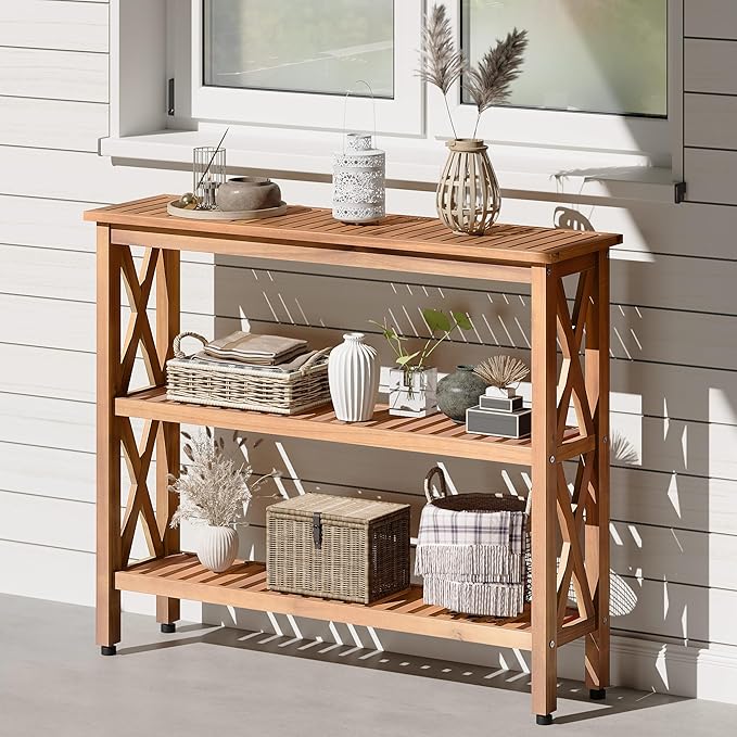 YITAHOME Solid Wood Outdoor Console Table, 39'' Acacia Wood Outdoor Bar Table with 3-Tier Storage Shelf, X-Frame Design and Adjustable Foot Pads for Garden Patio Balcony and Indoor, Natural