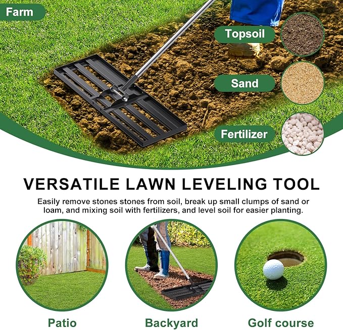 30x10 inch Lawn Leveling Rake, Yumatum 72" Effort Saving Lawn Leveler Tool, Stainless Steel Handle Lawn Leveler for Golf Course Yard Pasture Garden, Professional Lawn Care Landscape Rake