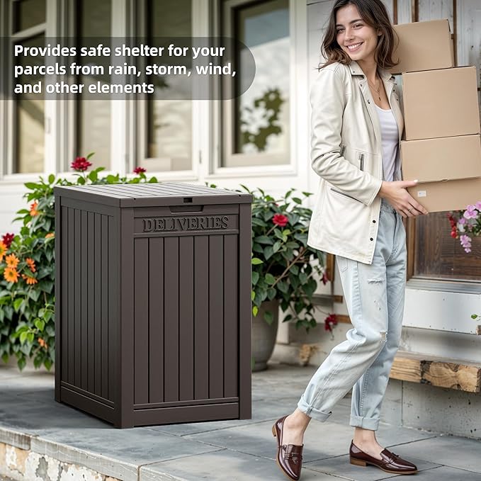 48 Gallon Outdoor Storage Box, Package Delivery Box for Outside with Lockable Secure, Resin Outside Storage Box Waterproof Deck Box for Patio & Pool, Brown