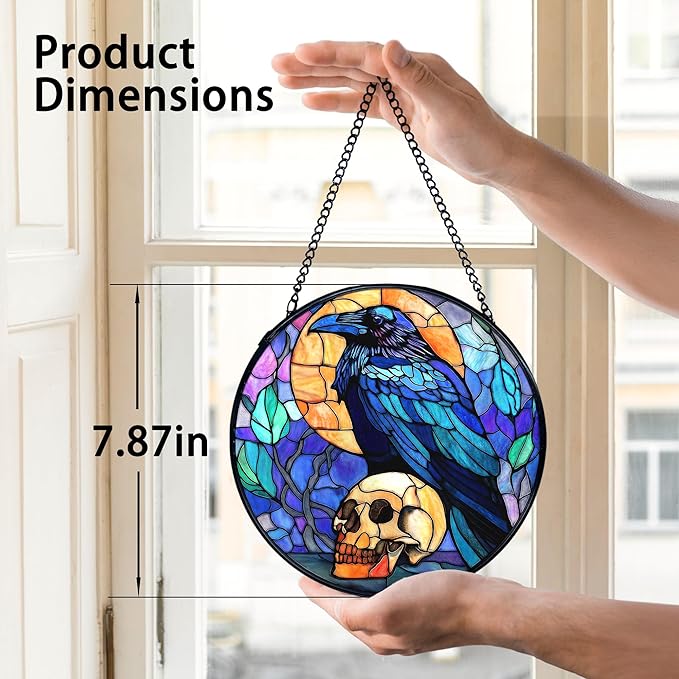TNUW Black Raven Halloween Stained Glass Window Hanging, Gothic Skull Black Crow Sun Catchers Indoor Window Glass Round Wall Art Decor, Halloween Wall Hanging Decorations, 7.9＂x7.9＂