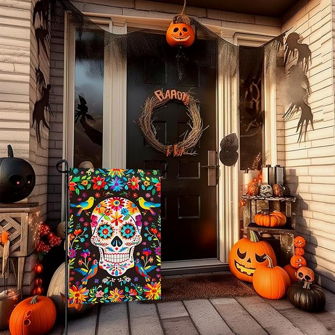 Day of the Dead Garden Flag Skull Welcome Floral Yard Flag Mexican Gothic Skeleton Flowers Birds Double-Sided Garden Flags Fiesta Dia DE Los Muertos Burlap House Banner 12x18 Inch