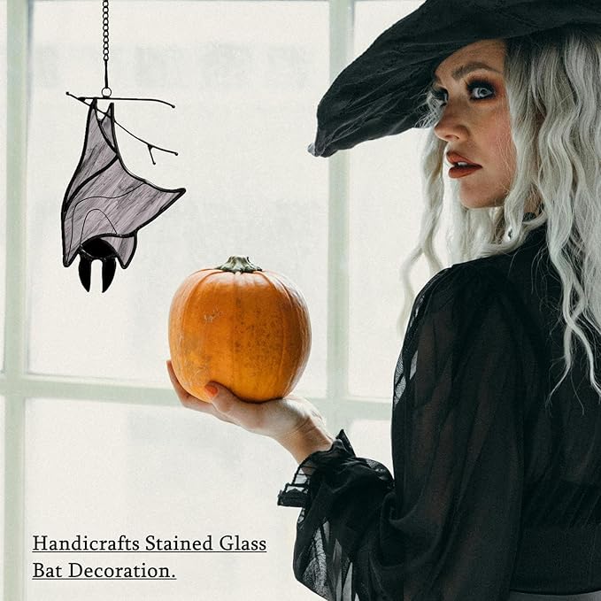 Stained Glass Bat Decor Window Hangings Ornament, Gothic Bat Suncatcher Halloween Decorations Gifts, Handmade Occult Sun Catchers Indoor Window Home Decor