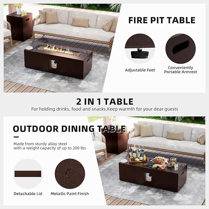 UPHA 42-inch Outdoor Propane Gas Fire Pit Table 50000 BTU Iron Rectangle Firepit for Outside Patio with Tank Hidden Table, Removable Lid, Gold Glass Rocks, Rain Cover, Brown