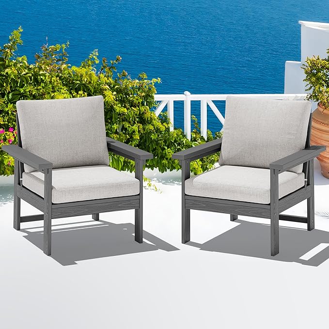SERWALL Outdoor Patio Sofa Set, 2-Piece HDPE Single Seat Outdoor Sofa Chair with Padded Cushions, Gray Frame with Beige Cushion