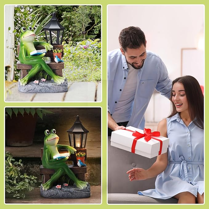 Outdoor Resin Frog Reading Statue, Solar-Powered Garden Decor, Art Deco Frog Sculpture for Mom, Grandma, Wife