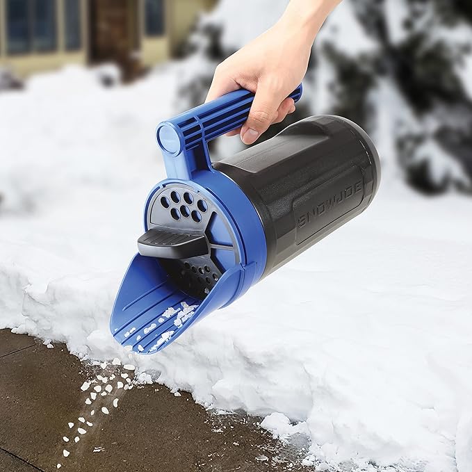 Snow Joe SJSPD1 Handheld All-Season Multi-Purpose Spreader, 5 lbs, w/Adjustable Dial Flow Control, for Ice Melt, Grass Seed and More, Blue/Black