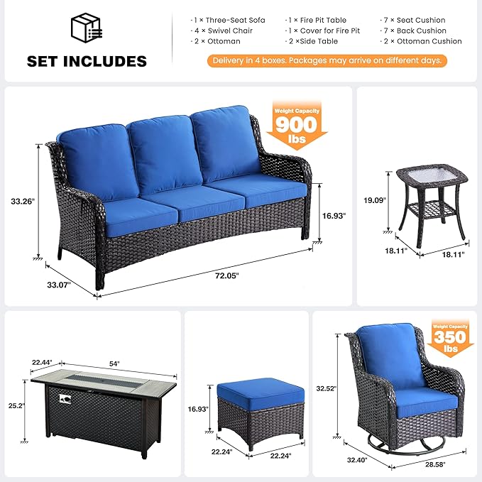 ovios 10 Pieces Patio Furniture Set, Outdoor Wicker Sofa Couch with Swivel Chairs 54" Fire Pit Table, All Weather High Back Modern Conversation Sets, Brown Rattan, Navy Blue