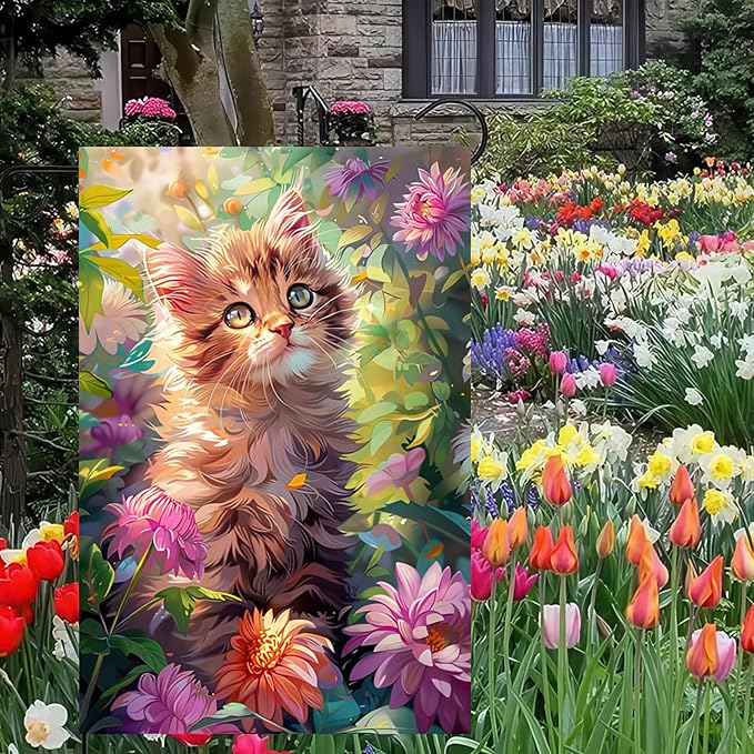Spring Garden Flag 12x18 Inch Floral Kitten Outdoor Banner Double Sided Cat Yard Flag with Colorful Flowers for Porch Lawn Welcome Spring Summer Decor