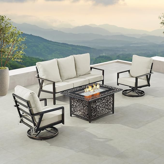 Oakland Living Black Aluminum Patio Fire Table Set with Deep Seating Sofa with Cushion and Two Club Chairs with Light Grey Cushions
