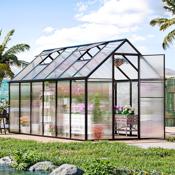 CDCASA 12x6 FT Greenhouse for Outdoors, Easy Assembly Thicker Aluminum Heavy Duty Polycarbonate Greenhouses Kit w/2 Window, Swing Door, Walk-in Green House for Outsides, Sunroom, Backyard, Garden