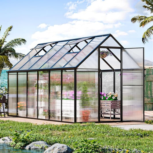 CDCASA 12x6 FT Greenhouse for Outdoors, Easy Assembly Thicker Aluminum Heavy Duty Polycarbonate Greenhouses Kit w/2 Window, Swing Door, Walk-in Green House for Outsides, Sunroom, Backyard, Garden