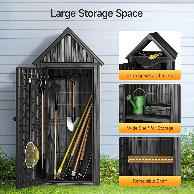 Multifunctional Storage Shed, Outdoor Storage Cabinet with Hooks and Lock Ring, Waterproof Outdoor Storage Shed for All Weather, Tool Outdoor Shed for Patio Lawn and Garden