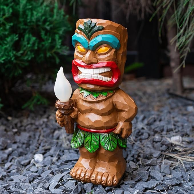 Solar Tiki Garden Statue Tiki Holding Torches with Flickering Flame LED Lights Bar Patio Porch Lawn Yard Art Outdoor Fall Decoration Halloween Birthday Christmas Gardening Gift for Dad Mom