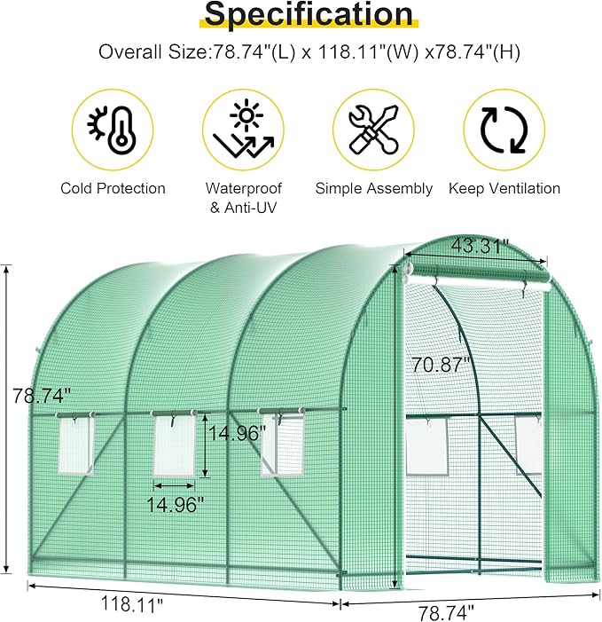 Greenhouse, 10’x7’x7’ Walk-in Greenhouse Heavy Duty Tunnel Green House with 6 Ventilated Mesh Windows & Zippered Roll-up Door, Large Plant Garden Hot House Outdoor with Reinforced Frame