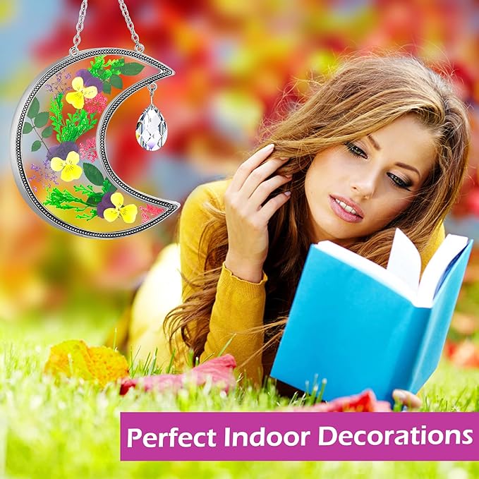 KY&BOSAM Crystal Moon Suncatchers Gifts for Mom Family Friends Stained Glass for Windows Wind Chimes Real Flower Colorful Crystal Outdoor for Garden Indoor Home Trees Patio Yard Porch Decor