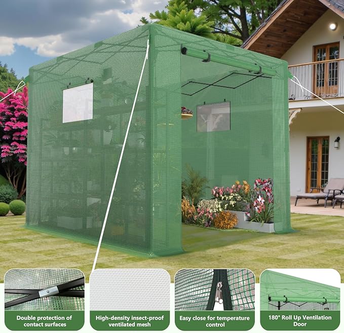 8X6 FT Pop Up Greenhouse,Greenhouse for Outdoors, Portable Walk-in Greenhouses with Roll-Up Zipper Door, PE Cover Greenhouses for Garden and Backyard, Easy Setup