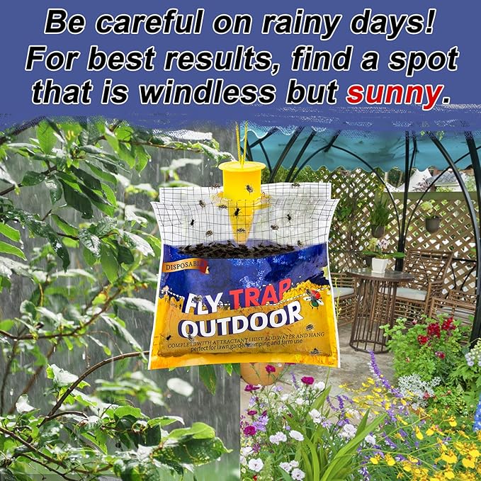 Disposable Fly Traps Bags 4 Pack Hanging Outdoor, Flies Traps with Natural Pre-Bait Refill Catcher Repellent, Stable Horse Ranch Killer Helps Control