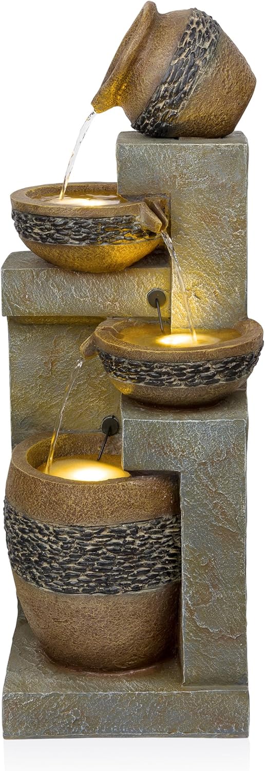 Alpine Corporation TVH244 39" Outdoor 4-Tier Cascading Pots Water Fountain with LED Lights – Freestanding Garden Water Feature for Patios, Yards, and Landscaping, Gray