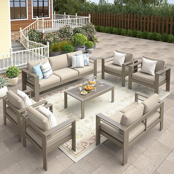 Wisteria Lane 7-Piece Outdoor Patio Furniture Set, Outdoor Sectional Furniture with Upgraded Cushions, Outdoor Conversation Seating Set for Balcony, Garden, Deck, Backyard, Khaki