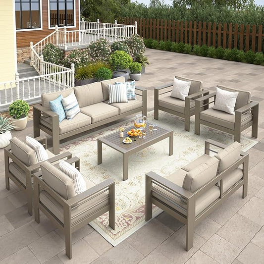 Wisteria Lane 7-Piece Outdoor Patio Furniture Set, Outdoor Sectional Furniture with Upgraded Cushions, Outdoor Conversation Seating Set for Balcony, Garden, Deck, Backyard, Khaki