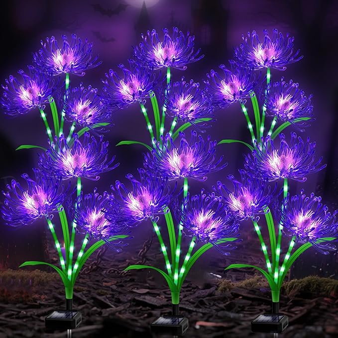 Halloween Solar Lights Outdoor – Purple Spider Lily Flowers,6 Pack 18-Head with Glowing Stems,Waterproof Solar Powered Garden Decor for Yard,Patio,Lawn,Spooky Halloween Decorations & Gifts