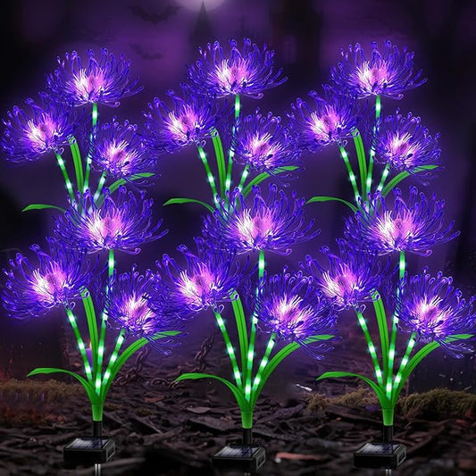 Halloween Solar Lights Outdoor – Purple Spider Lily Flowers,6 Pack 18-Head with Glowing Stems,Waterproof Solar Powered Garden Decor for Yard,Patio,Lawn,Spooky Halloween Decorations & Gifts