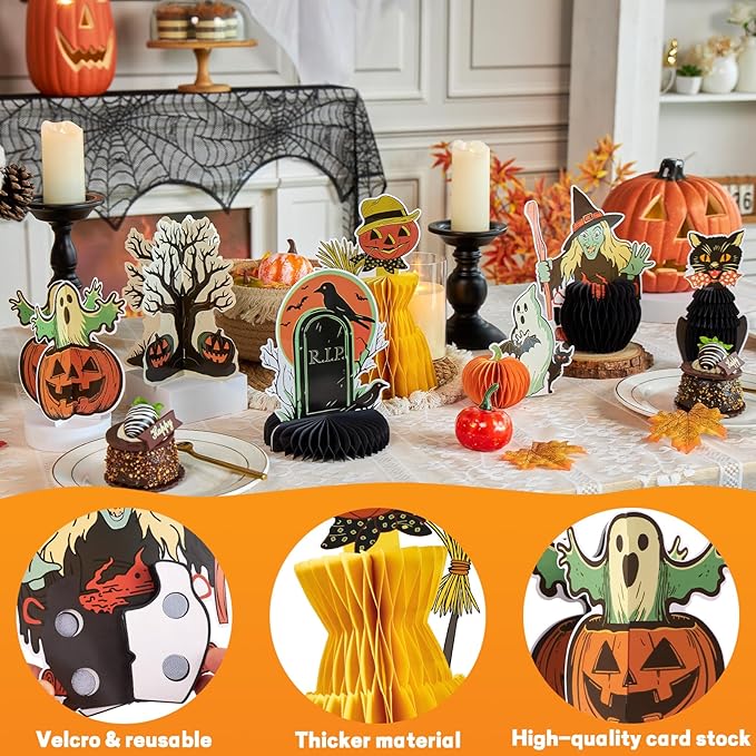 7PCS Halloweens Honeycomb Centerpieces, Halloween Party Decorations, Black Cat Ghost Table Centerpieces Spooky Theme Birthday Table Toppers for Home Mantel Tray Halloween Party Decor
