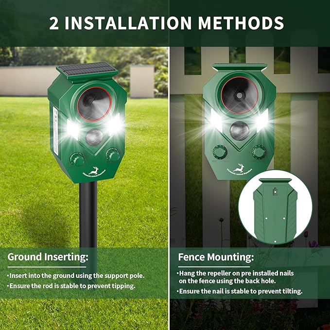 Ultrasonic Deer Repellent Outdoor, Solar-Powered Waterproof Animal Repellent Device for Yard, Garden, and PlantsEffective Repel Cat, Dog, Squirrel, Deer, Raccoon, Rabbit, and Skunk (4)