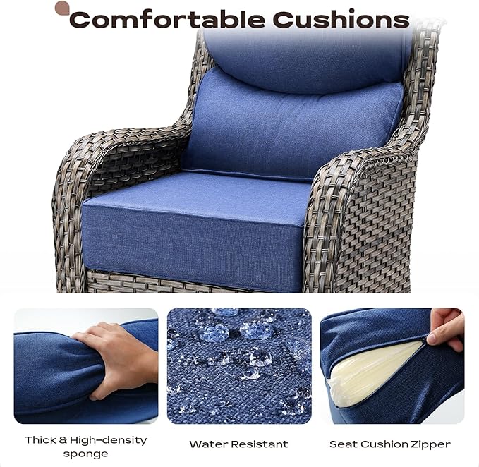 Wicker Outdoor Patio Furniture Set - 4 Piece Patio Conversation Set with Swivel Rocker Chairs and Ottomans, 6 inch Cushions, High Back, Deep Seating, for Porch Deck Garden Mixed Grey/Blue