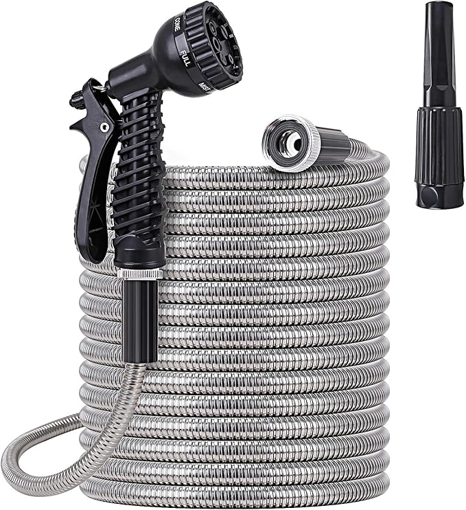 FOXEASE Metal water Hose 25 ft - Stainless Steel Water Hose with 2 Nozzles, Lightweight, Tangle Free & Kink Free, Heavy Duty, High Pressure, Flexible, Dog Proof