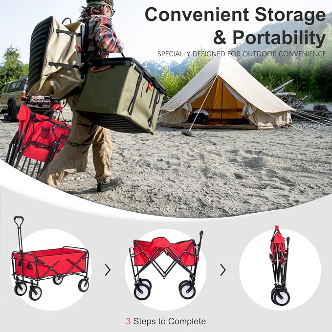 Collapsible Wagon Folding Wagon Garden Cart with Large Capacity, Portable Utility Wagon Cart Heavy Duty for Beach Camping Shopping Garden, Red