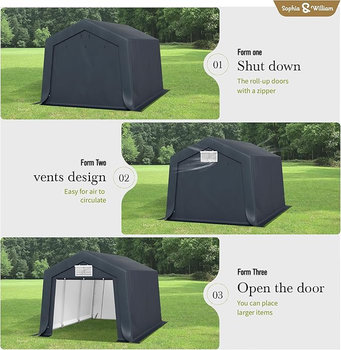 Sophia & William Carport Storage Shed 10x15 ft Portable, Heavy Duty Car Port Canopy Garage Shelter with Sidewalls and Roll Up Doors for Automobile Boat Motorcycle Bike, Gray