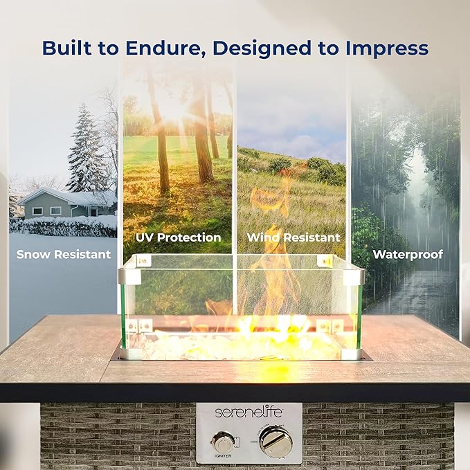 SereneLife Outdoor Propane Fire Pit Table 50,000 BTU CSA ETL Certified Square Wicker Gas Fire Table with Tile Top, Adjustable Flame, Decorative Glass Rocks, Weather-Resistant for Patio or Backyard