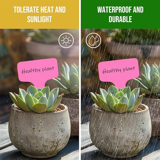 Plant Labels 200 Pcs Yuanling T-Type Plastic Garden Tags Waterproof Plant Sign Stakes Nursery Garden Makers for Seedlings Flower Vegetables Herb Potted Belt Permanet Marker Pen (Pink)