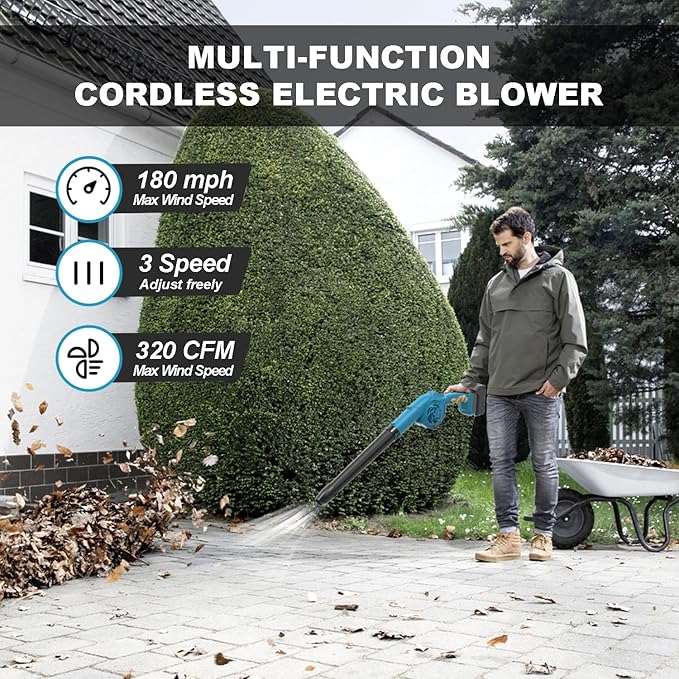 Cordless Leaf Blower, 320 CFM 180 MPH 3 Speed Lightweight mini Electric Cordless Blower with 2 X 3.0Ah Battery and Charger for Yard Cleaning Lawn Care Snow Blowing
