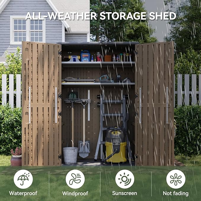 Aoxun Outdoor Storage Shed with 2 Shelves & Floor, 64 Cu.Ft Large Outdoor Storage Cabinet, Waterproof Vertical Resin Shed for Garden Tools, Pool Equipment, Brown