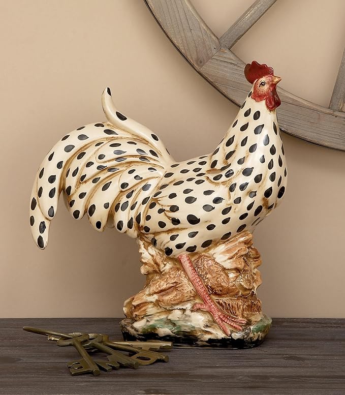 Deco 79 Ceramic Rooster Decorative Garden Sculpture Spotted Indoor Outdoor Garden Statue with Black and Red Accents, Outdoor Sculpture 13" x 6" x 14", Beige